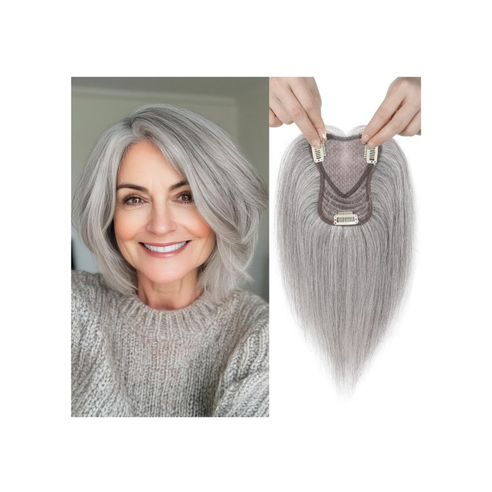 10in Real Human Hair Topper Swiss Base Hand-Tied Gray Salt and Pepper Mix